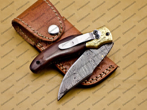 Personalized Custom Damascus Steel Folding Pocket Knife with Free Damascus Keychain Handle Bone with Leather Sheeth