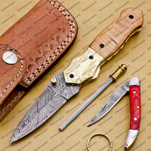 Personalized Custom Damascus Steel Folding Pocket Knife with Handle Kowa Wood with Leather Sheath