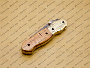 Personalized Custom Damascus Steel Folding Pocket Knife with Handle Kowa Wood with Leather Sheath