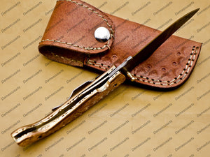 Damascus Folding Pocket knife Hunting knife 100% Damascus Steel Handle Copper with leather Sheath