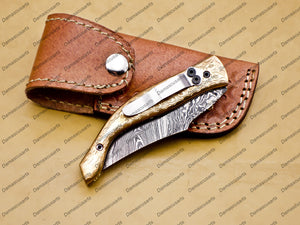 Damascus Folding Pocket knife Hunting knife 100% Damascus Steel Handle Copper with leather Sheath