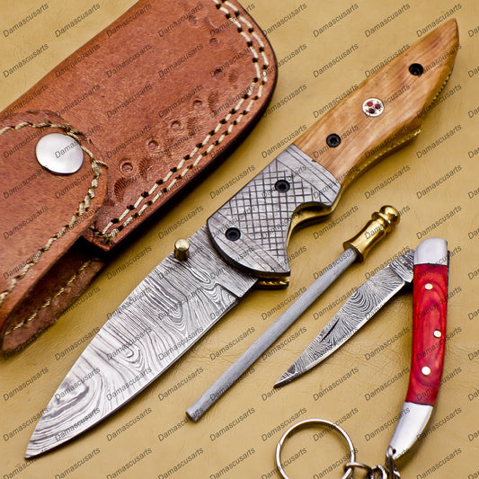 Personalized Custom Damascus Steel Folding Pocket Knife With Free Damascus Keychain Handle Kowa Wood with Leather Sheeth