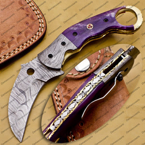 Personalized Damascus Folding Pocket knife Karambit Knife Hunting knife Handle Wood With Free Damascus Keychain