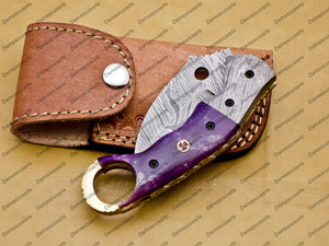 Personalized Damascus Folding Pocket knife Karambit Knife Hunting knife Handle Wood With Free Damascus Keychain