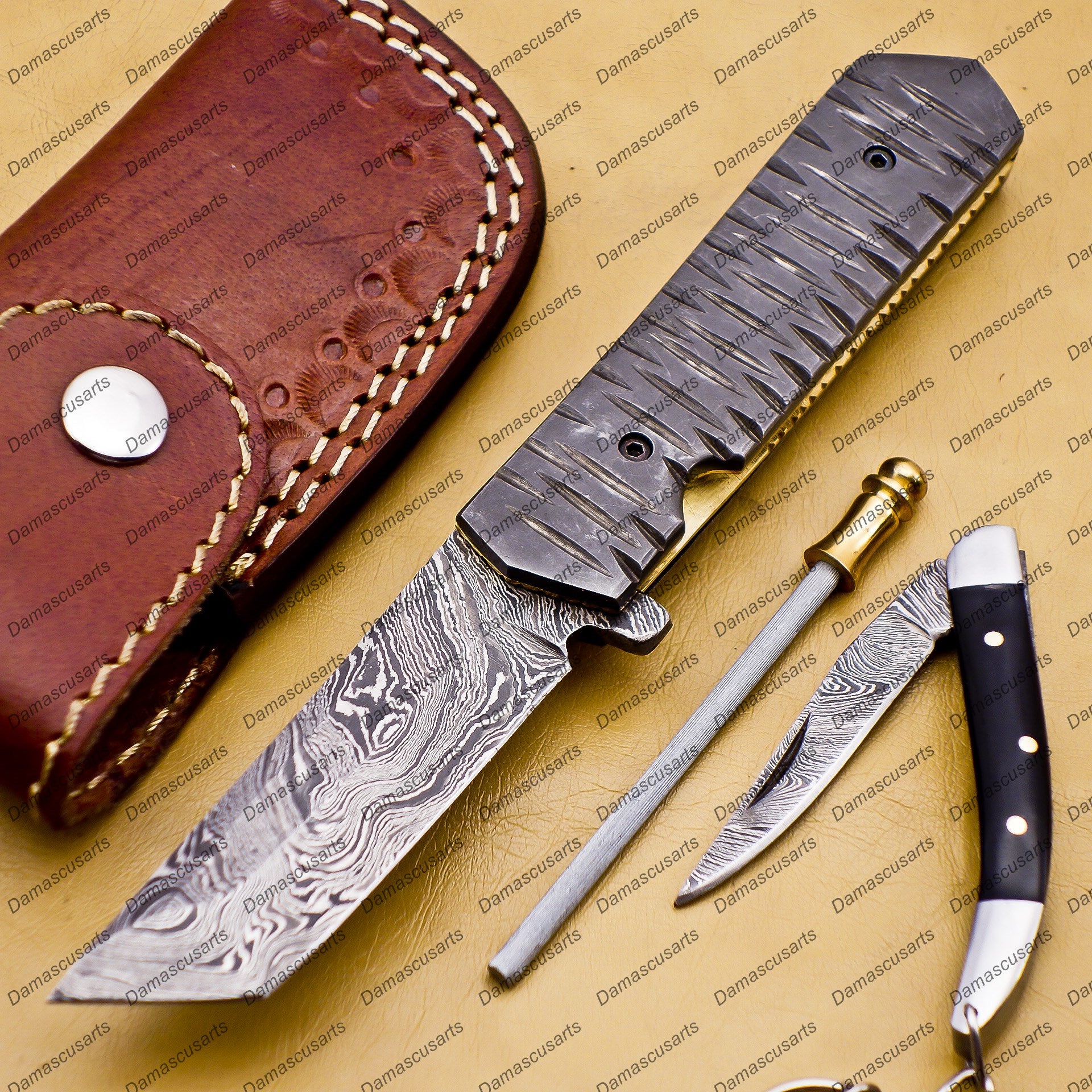 Custom Damascus Steel Folding Pocket Knife with Free Damascus Keychain Handle Damascus with Leather Sheeth