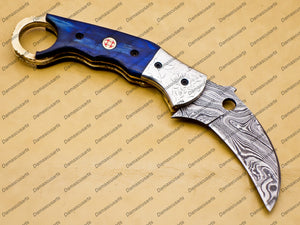 Personalized Damascus Folding Pocket Knife Karambit Red Color Knife Hunting Knife Handle Wood with Free Damascus Keychain Knife