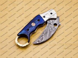 Personalized Damascus Folding Pocket Knife Karambit Red Color Knife Hunting Knife Handle Wood with Free Damascus Keychain Knife