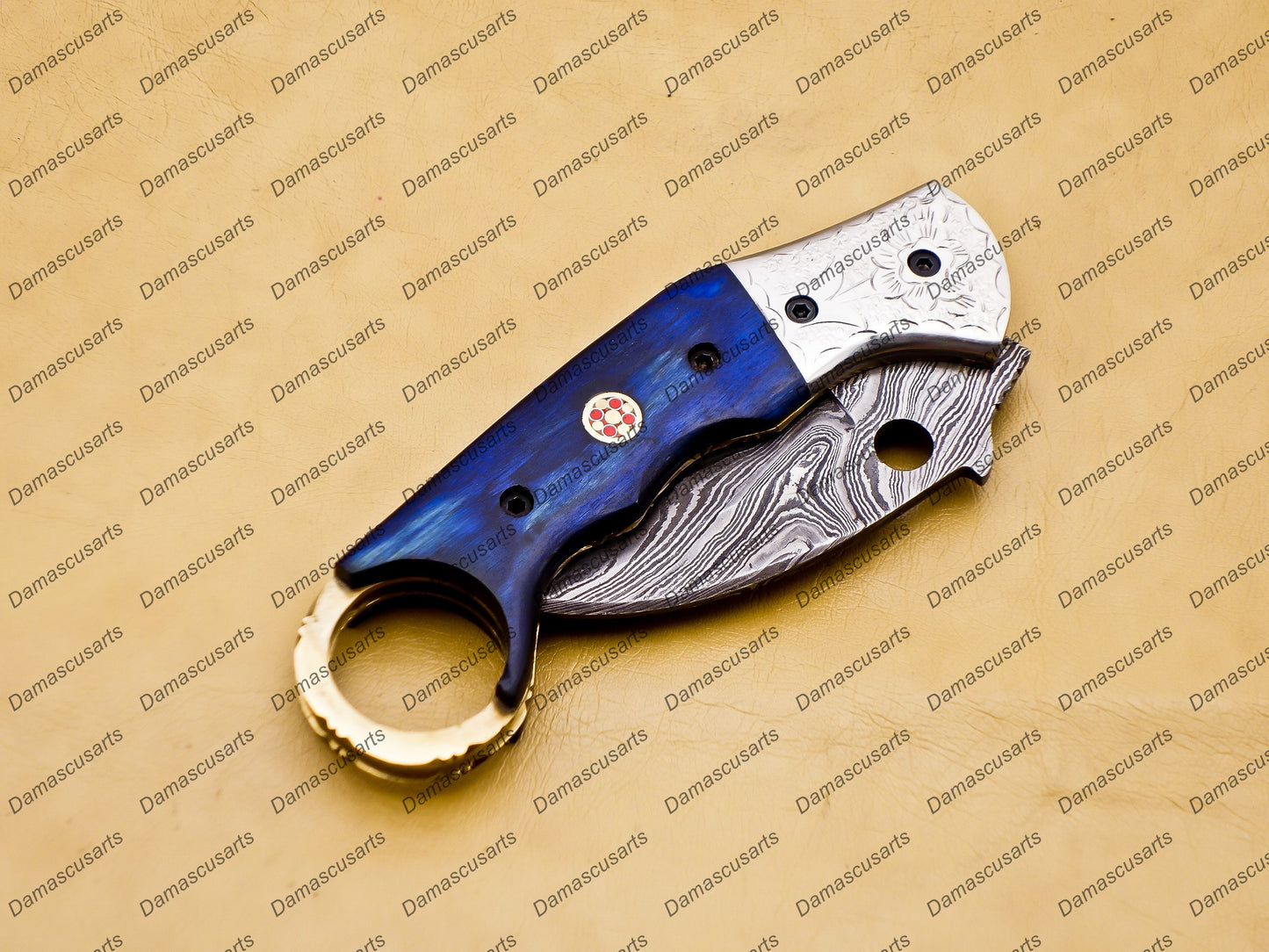 Personalized Damascus Folding Pocket Knife Karambit Red Color Knife Hunting Knife Handle Wood with Free Damascus Keychain Knife