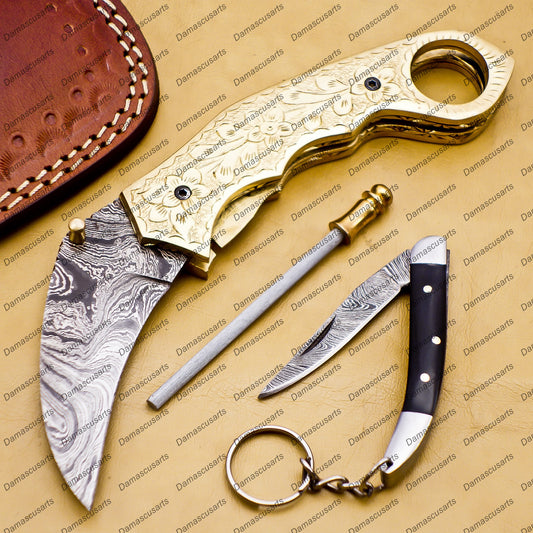 Personalized Damascus Folding Pocket knife Karambit Knife Hunting knife Handle Brass With Free Damascus Keychain knife