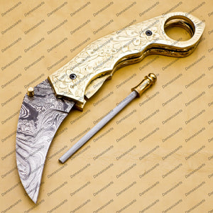 Personalized Damascus Folding Pocket knife Karambit Knife Hunting knife Handle Brass With Free Damascus Keychain knife