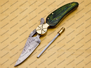 Personalized Custom Damascus Steel Folding Pocket Knife with Handle Olive Wood with Leather Sheeth With Keychain