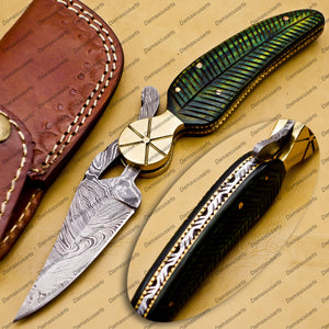 Personalized Custom Damascus Steel Folding Pocket Knife with Handle Olive Wood with Leather Sheeth With Keychain