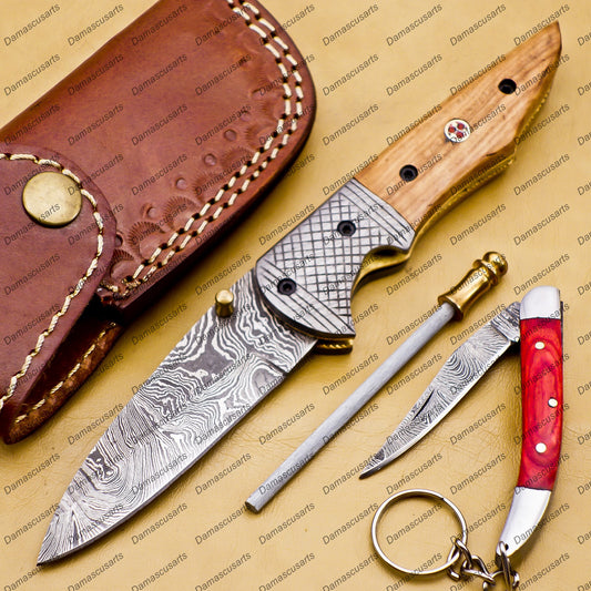 Custom Damascus Steel Folding Pocket Knife with Free Damascus Keychin Knife Handle Kowa Wood with Leather Sheeth