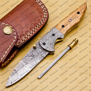 Custom Damascus Steel Folding Pocket Knife with Free Damascus Keychin Knife Handle Kowa Wood with Leather Sheeth