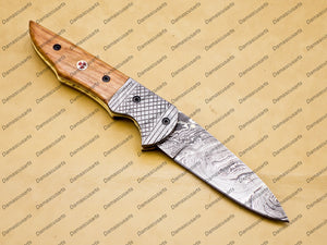 Custom Damascus Steel Folding Pocket Knife with Free Damascus Keychin Knife Handle Kowa Wood with Leather Sheeth