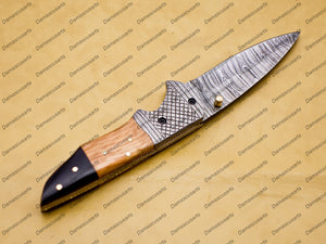Personalized Custom Damascus Steel Folding Pocket Knife With Free Damascus Keychain Handle Kowa Wood with Leather Sheeth