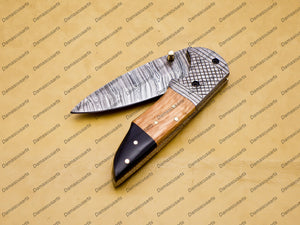 Personalized Custom Damascus Steel Folding Pocket Knife With Free Damascus Keychain Handle Kowa Wood with Leather Sheeth