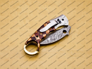 Damascus Folding Pocket knife Karambit Knife Hunting knife with Free Damascus Keychain Knife Handle Wood with Leather Sheeth