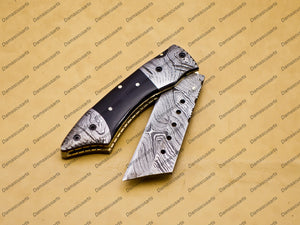 Custom Damascus Steel Folding Tanto Pocket Knife with Free Damascus Keychain Handle Bull Horn with Leather Sheath
