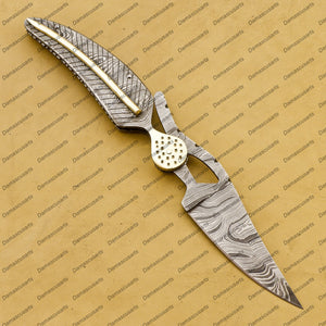 Personalized Custom Handmade Damascus Leaf Folding Knife Pocket Knife Personalized Knives Anniversary Gifts Groomsmen Gift Father's Day Gift Boyfriend Gift with Leather Sheath