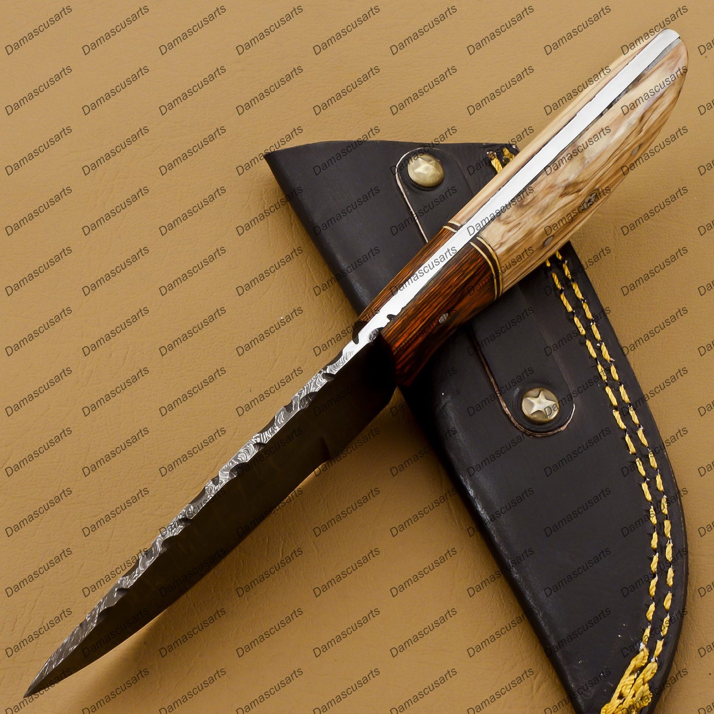 Personalized Custom Hand-Made Forged Hunter Knife Damascus Steel Bowie Knife Handle Tali Wood With Leather Sheath