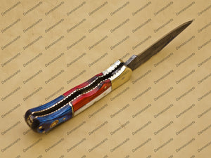 Personalized Custom Damascus Steel Folding Pocket Knife with Handle Kowa Wood with Leather Sheeth