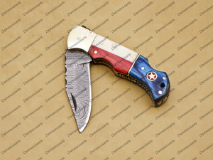 Personalized Custom Damascus Steel Folding Pocket Knife with Handle Kowa Wood with Leather Sheeth