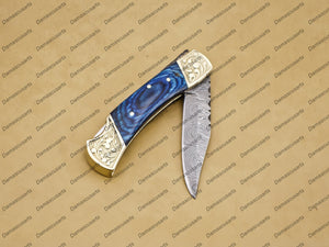 Personalized Custom Damascus Steel Folding Pocket Knife with Handle Olive Wood With Free Damascus Keychain knife