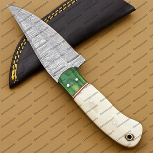 Personalized Custom Hand Made Forged Hunter Knife Damascus Steel Bowie Knife Handle Dia Bone with Leather Sheath