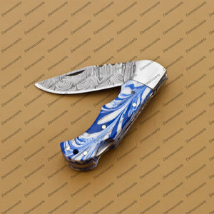 Personalized Custom Hand Made Damascus Pocket Folding Knife, Groomsmen Gifts Anniversary Gift Authentic Damascus Steel Blade Gift for Him Sp-002