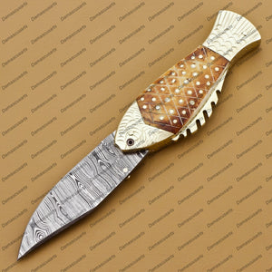 Personalized Custom Hand Made Damascus Steel Folding Knife Fish Shape Knife Pocket Knife Handle Makarta Sheet Best Gift with Leather Sheeth