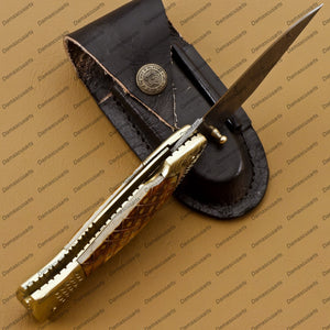 Personalized Custom Hand Made Damascus Steel Folding Knife Fish Shape Knife Pocket Knife Handle Makarta Sheet Best Gift with Leather Sheeth