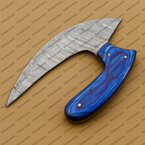 Personalized Custom Handmade Damascus Chef Kitchen Ulu Knife Chef Knife Heavy Duty Damascus Handle Blue Koa Wood with Leather Sheath