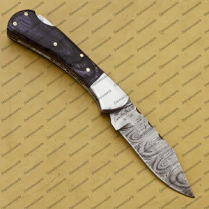Personalized Custom Damascus Steel Folding Pocket Knife Handmade Knife for Men Blade Made of Authentic Damascus Steel with Sharping Rod Leather Sheath Sf-010