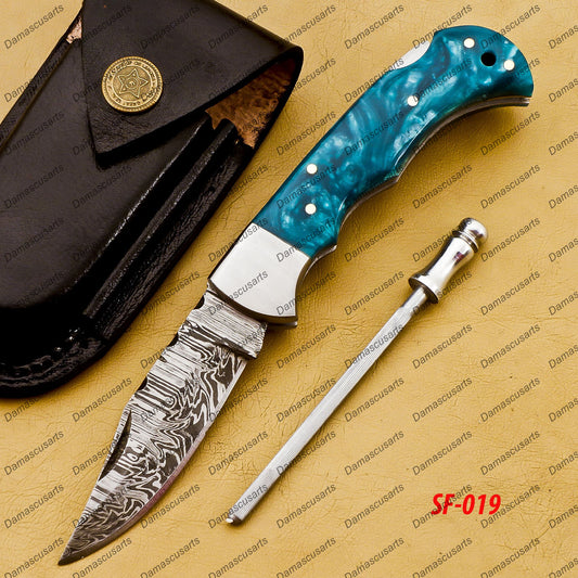 Customize Damascus Pocket Folding Knife, Groomsmen Gifts Anniversary Gift Authentic with Sharping Rod Leather Sheath