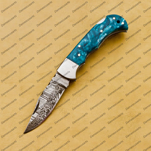 Customize Damascus Pocket Folding Knife, Groomsmen Gifts Anniversary Gift Authentic with Sharping Rod Leather Sheath