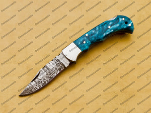 Customize Damascus Pocket Folding Knife, Groomsmen Gifts Anniversary Gift Authentic with Sharping Rod Leather Sheath