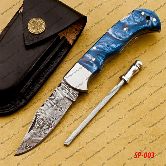 Customize Damascus Pocket Folding Knife, Groomsmen Gifts Anniversary Gift Authentic with Sharping Rod Leather Sheath Sp-003