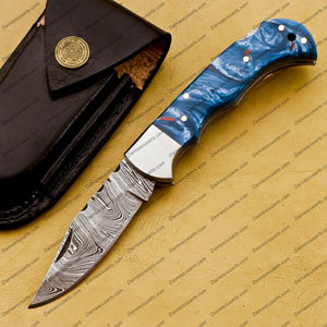Customize Damascus Pocket Folding Knife, Groomsmen Gifts Anniversary Gift Authentic with Sharping Rod Leather Sheath Sp-003