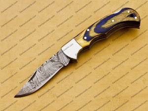 Damascus Steel Folding Pocket Knife Handmade Knife for Men Blade Made of Authentic Damascus Steel with Sharping Rod Leather Sheath Sf-004