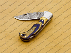 Damascus Steel Folding Pocket Knife Handmade Knife for Men Blade Made of Authentic Damascus Steel with Sharping Rod Leather Sheath Sf-004