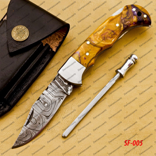 Personalized Custom Handmade Damascus Steel Folding Pocket Knife Handmade Knife for Men Blade Made of Authentic Damascus Steel with Sharping Rod Leather Sheath Sf-005