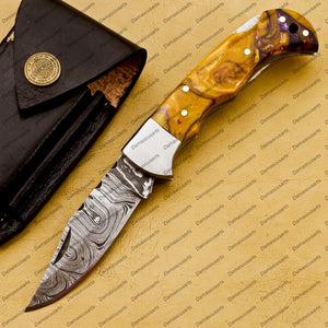 Personalized Custom Handmade Damascus Steel Folding Pocket Knife Handmade Knife for Men Blade Made of Authentic Damascus Steel with Sharping Rod Leather Sheath Sf-005