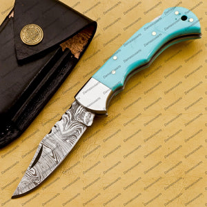 Personalized Custom Handmade Damascus Steel Folding Pocket Knife Handmade Knife for Men Blade Made of Authentic Damascus Steel with Leather Sheath Sf-006