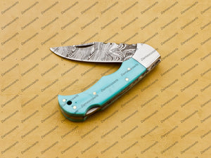 Personalized Custom Handmade Damascus Steel Folding Pocket Knife Handmade Knife for Men Blade Made of Authentic Damascus Steel with Leather Sheath Sf-006
