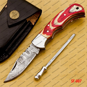 Personalized Custom Handmade Damascus Steel Folding Pocket Knife Handmade Knife for Men Blade Made of Authentic Damascus Steel with Sharping Rod Leather Sheath Sf-004