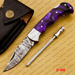 Personalized Custom Handmade Damascus Steel Folding Pocket Knife Handmade Knife for Men Blade Made of Authentic Damascus Steel with Sharping Rod Leather Sheath Sf-008