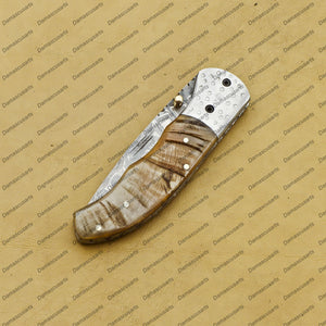 Handmade Damascus Folding Pocket knife Hunting knife 100% Handmade Damascus Steel Handle Ram Horn with leather Sheath