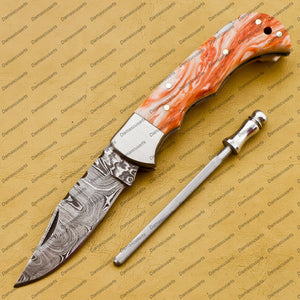 Personalized Custom Handmade Damascus Pocket Folding Knife, Custom Pocket Fold Knife, Groomsmen Gifts Anniversary Gift Authentic Damascus Steel Blade Gift for Him Sp-014