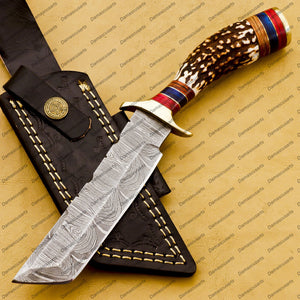 Personalized Custom Handmade Forged Hunter Knife Damascus Steel Tanto Knife Handle Deer Antlar and Wood with Leather Sheath